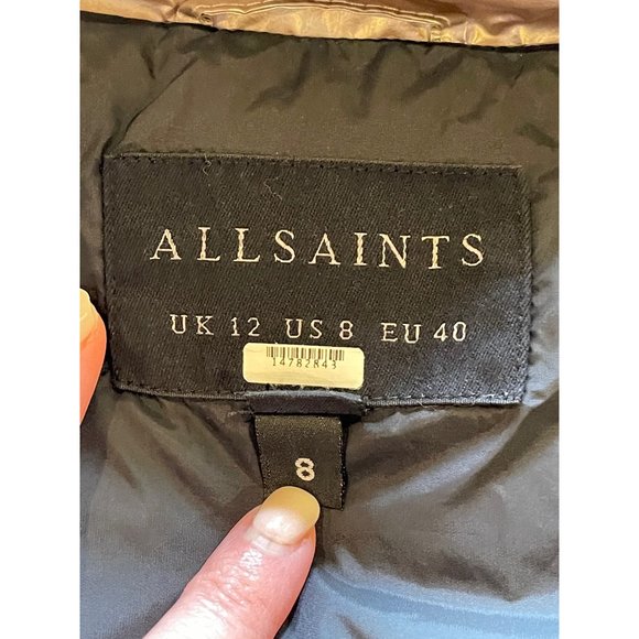 All Saints Mika Gold Metallic Long Sleeve Full Zip Puffer Coat Size 8 - Picture 8 of 12